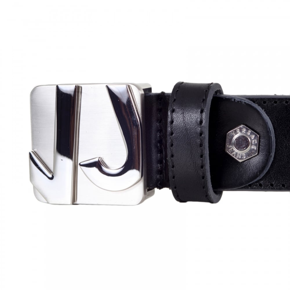 Logo Embossed Silver Pin Buckled Casual Black Leather Belt for Men with Smooth Finish