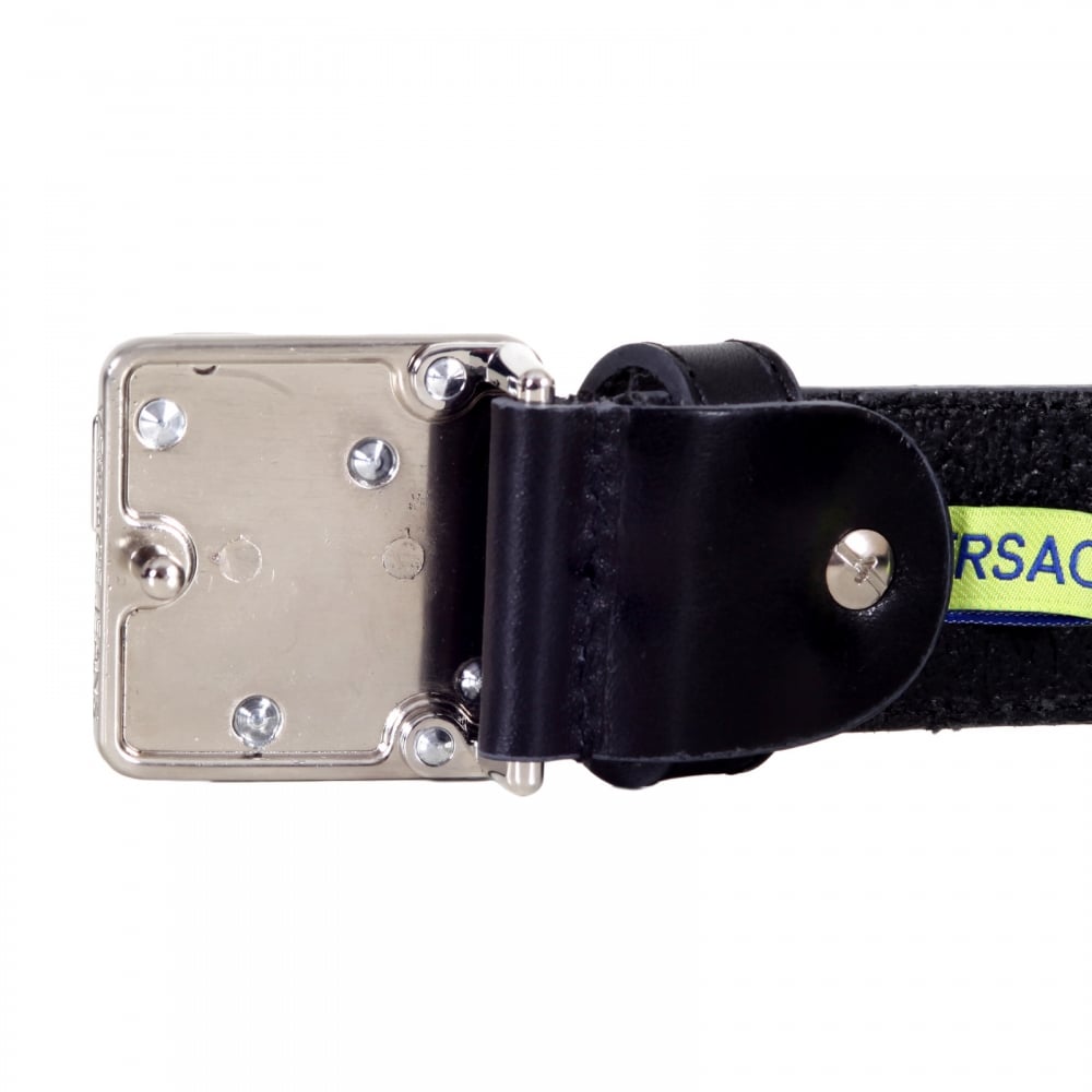 Logo Embossed Silver Pin Buckled Casual Black Leather Belt for Men with Smooth Finish