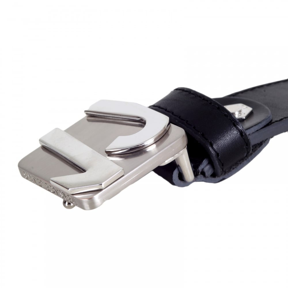 Logo Embossed Silver Pin Buckled Casual Black Leather Belt for Men with Smooth Finish