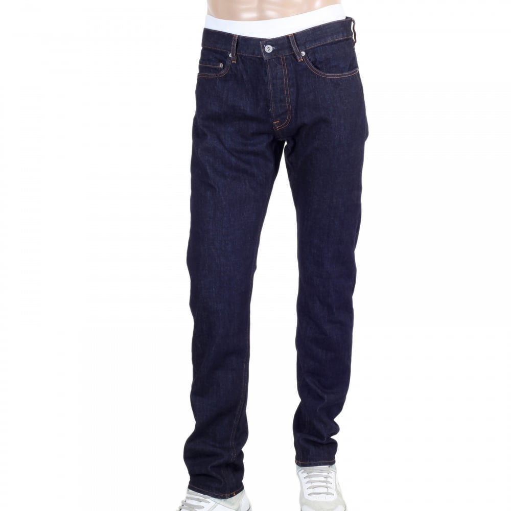 Five Pocket Button Fly Dark Washed Indigo Slim Fit Denim Jeans for Men