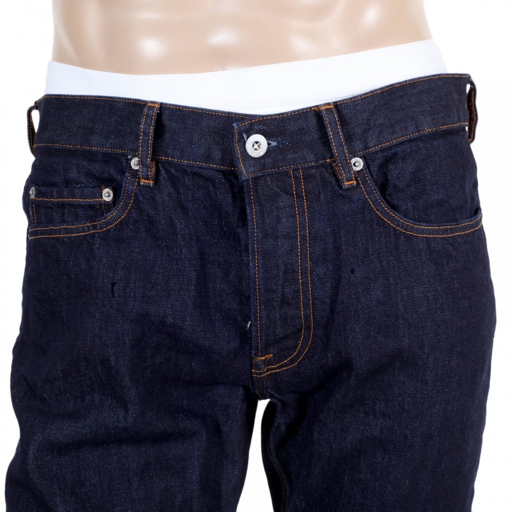 Five Pocket Button Fly Dark Washed Indigo Slim Fit Denim Jeans for Men