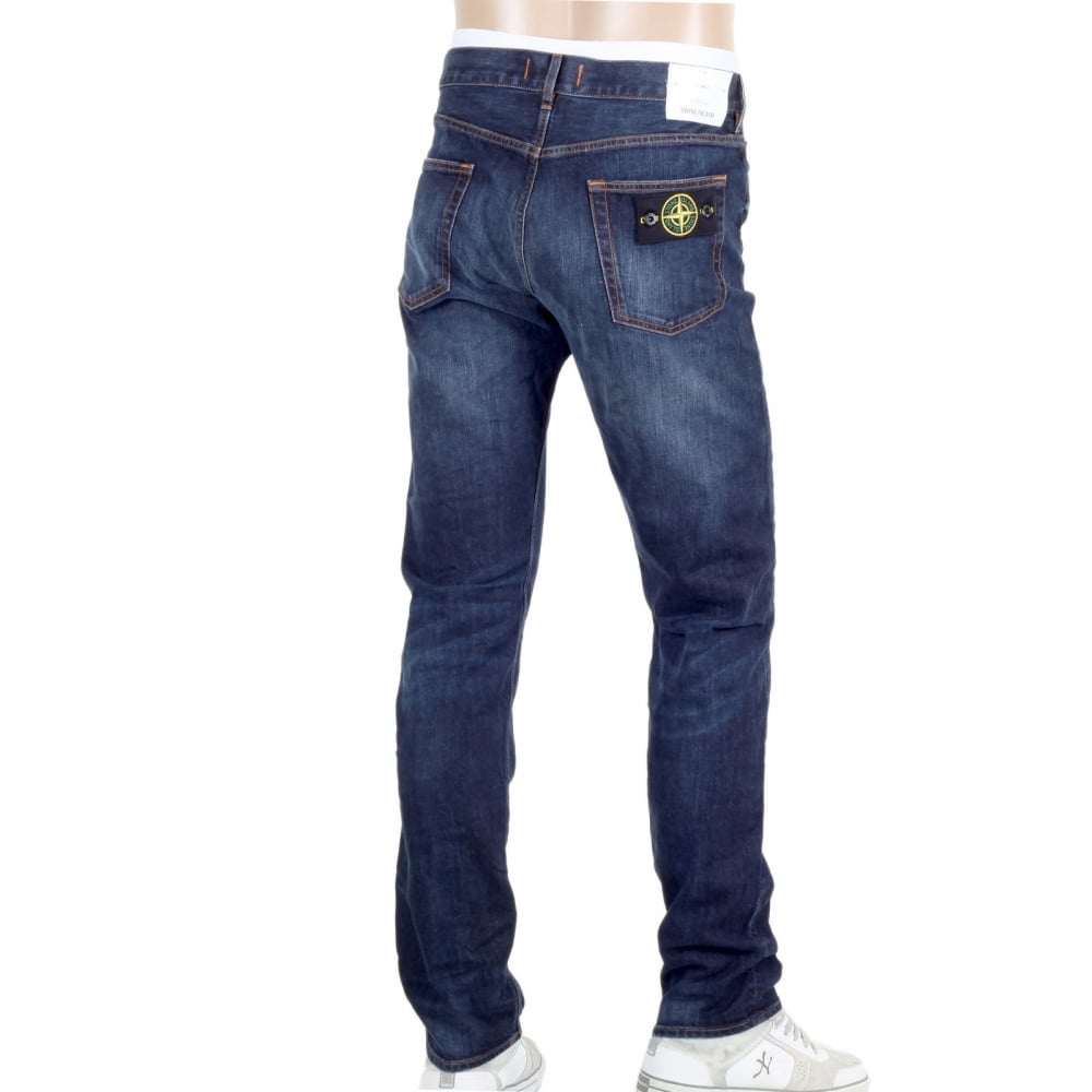 Regular Tapered Fit Denim Jeans with Faded Patches Front and back with Washed Blue Finish