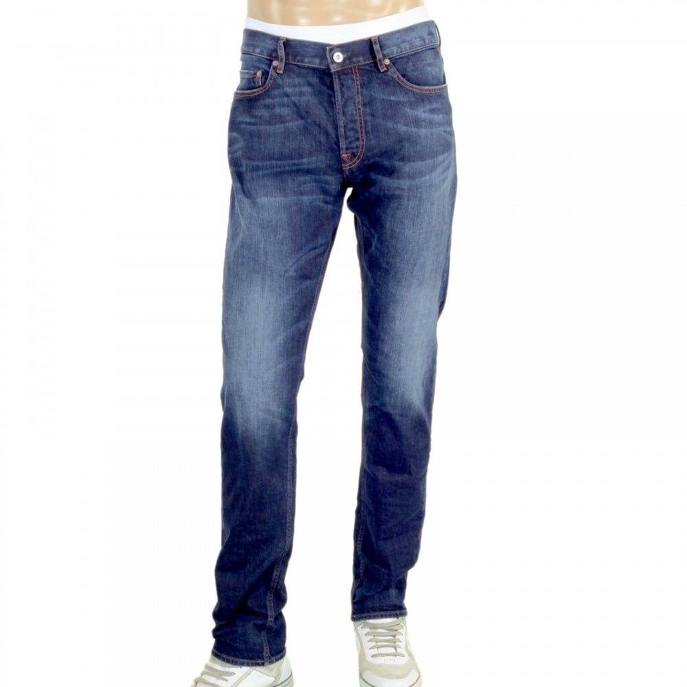 Regular Tapered Fit Denim Jeans with Faded Patches Front and back with Washed Blue Finish