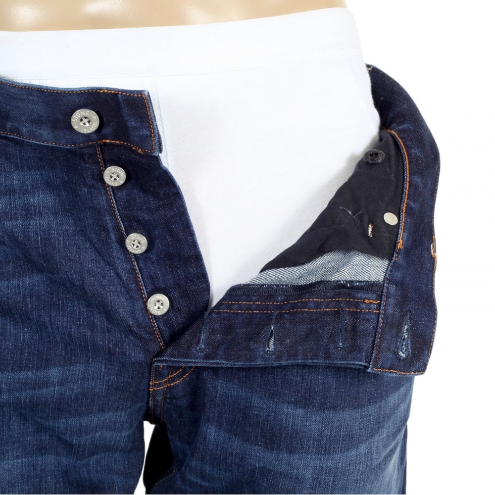 Regular Tapered Fit Denim Jeans with Faded Patches Front and back with Washed Blue Finish