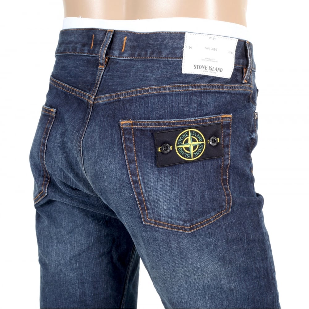 Regular Tapered Fit Denim Jeans with Faded Patches Front and back with Washed Blue Finish