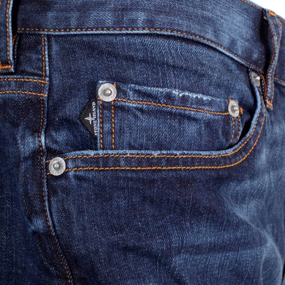 Regular Tapered Fit Denim Jeans with Faded Patches Front and back with Washed Blue Finish