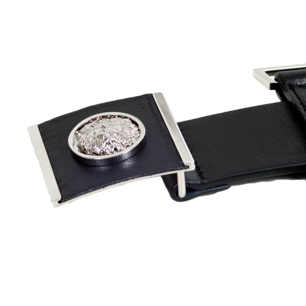 Black Leather Belt with a Silver Nickel Lion Head on A Square Buckle
