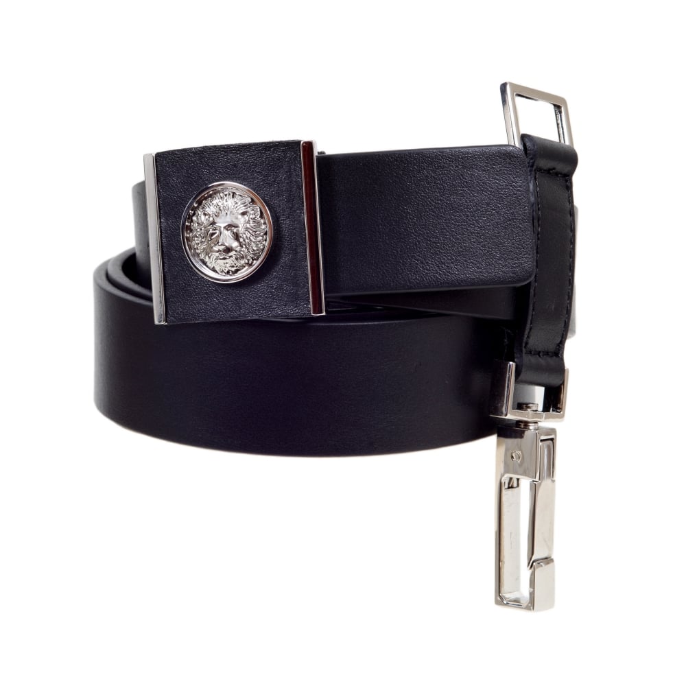Black Leather Belt with a Silver Nickel Lion Head on A Square Buckle
