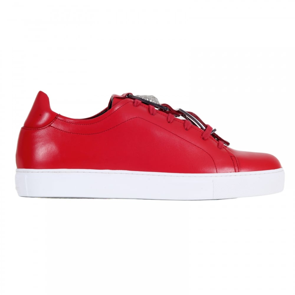 Mens Red Leather Sneakers with a Lion Head Featured Leather and Silver Buckle