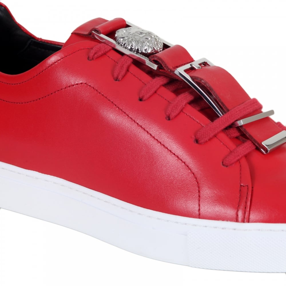 Mens Red Leather Sneakers with a Lion Head Featured Leather and Silver Buckle