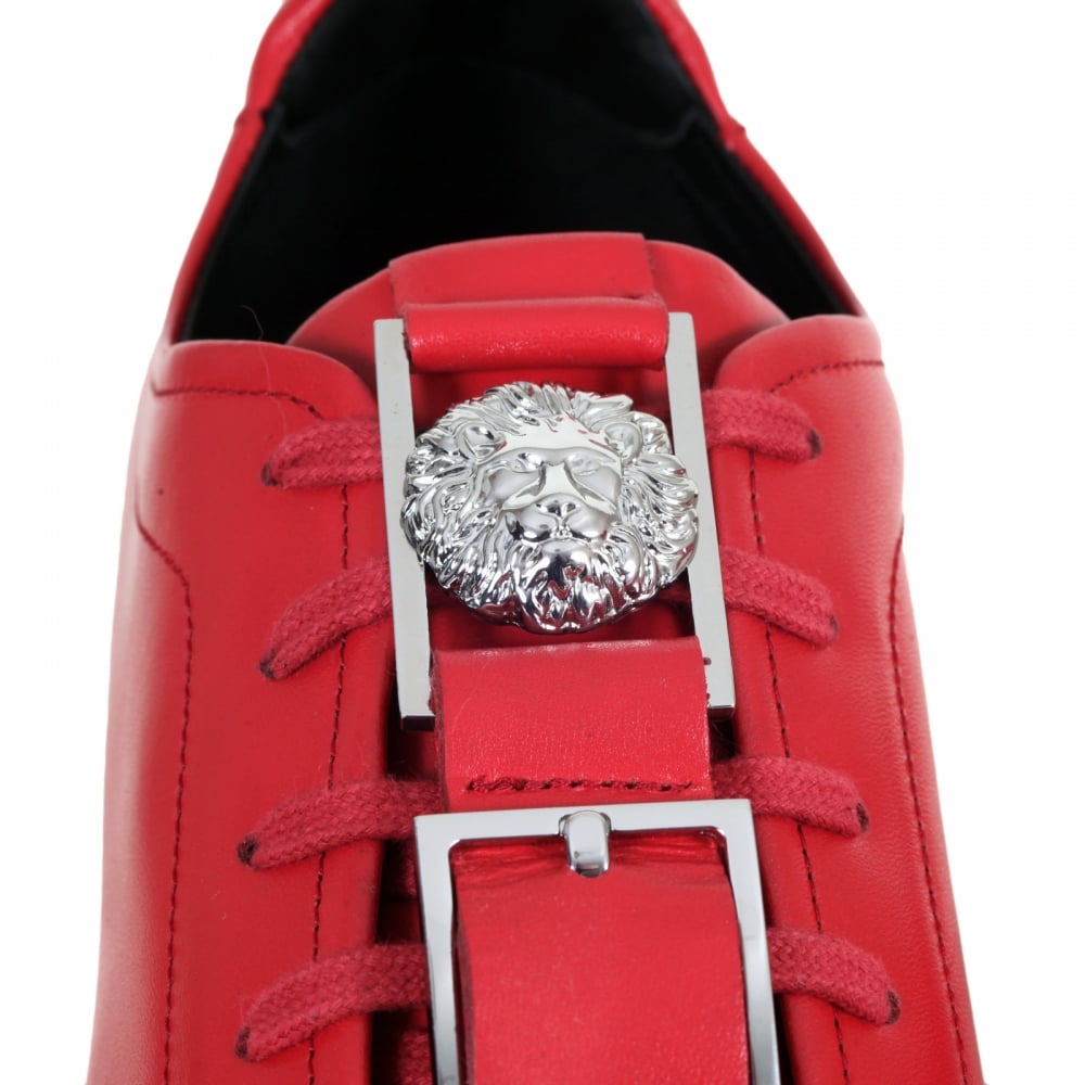 Mens Red Leather Sneakers with a Lion Head Featured Leather and Silver Buckle