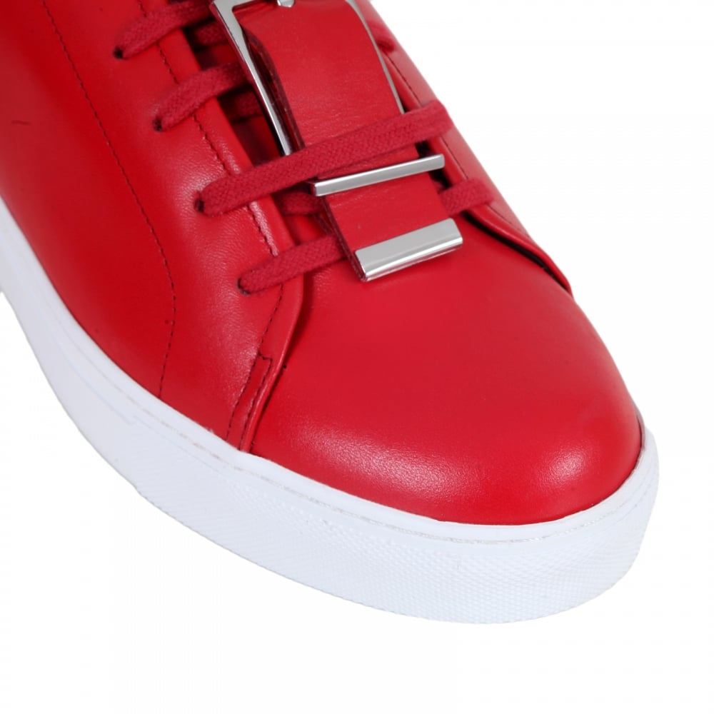Mens Red Leather Sneakers with a Lion Head Featured Leather and Silver Buckle