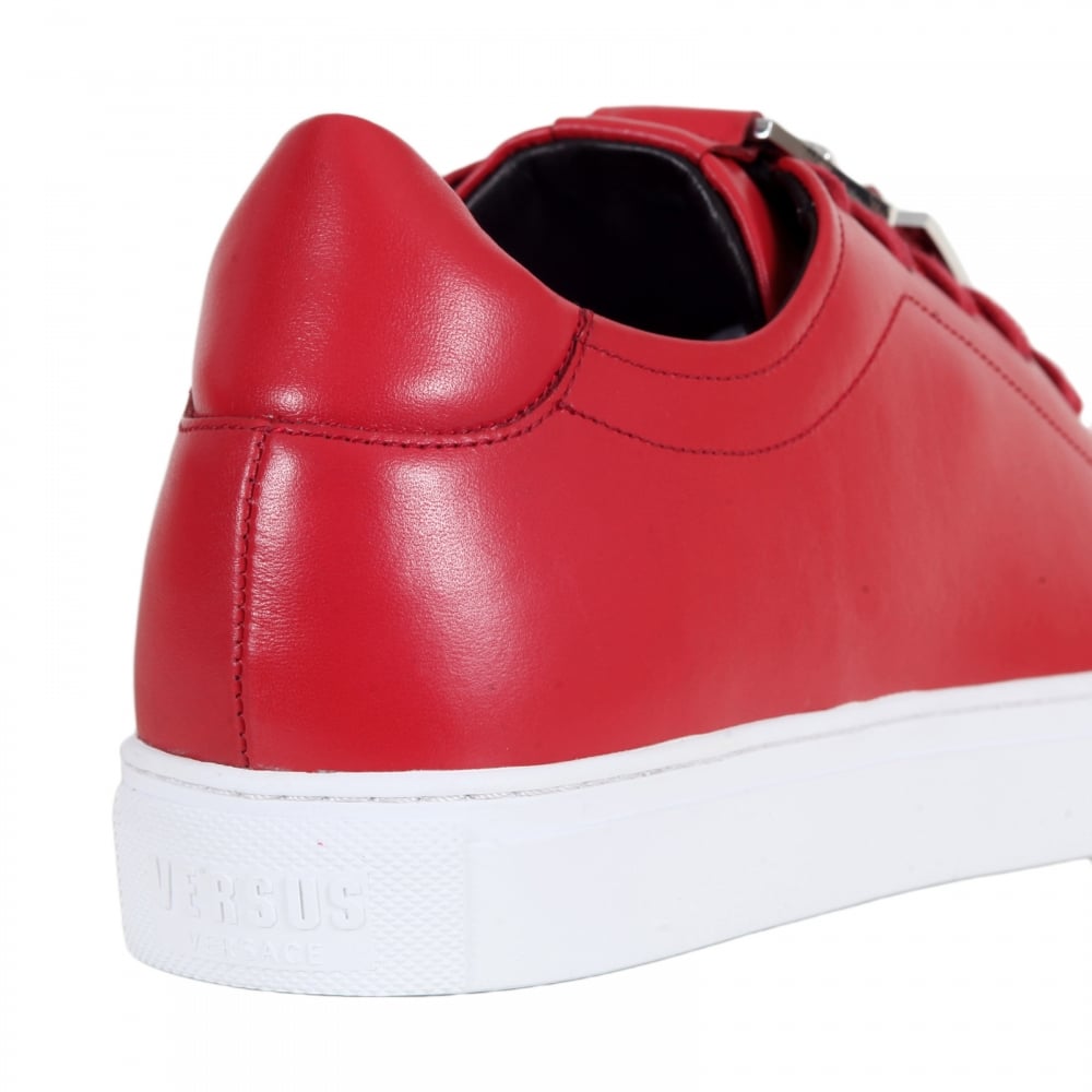 Mens Red Leather Sneakers with a Lion Head Featured Leather and Silver Buckle