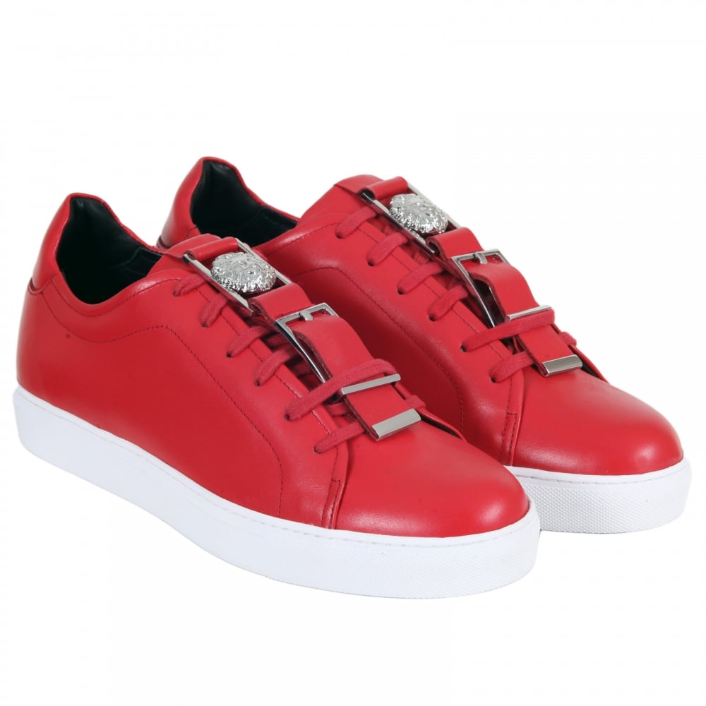Mens Red Leather Sneakers with a Lion Head Featured Leather and Silver Buckle