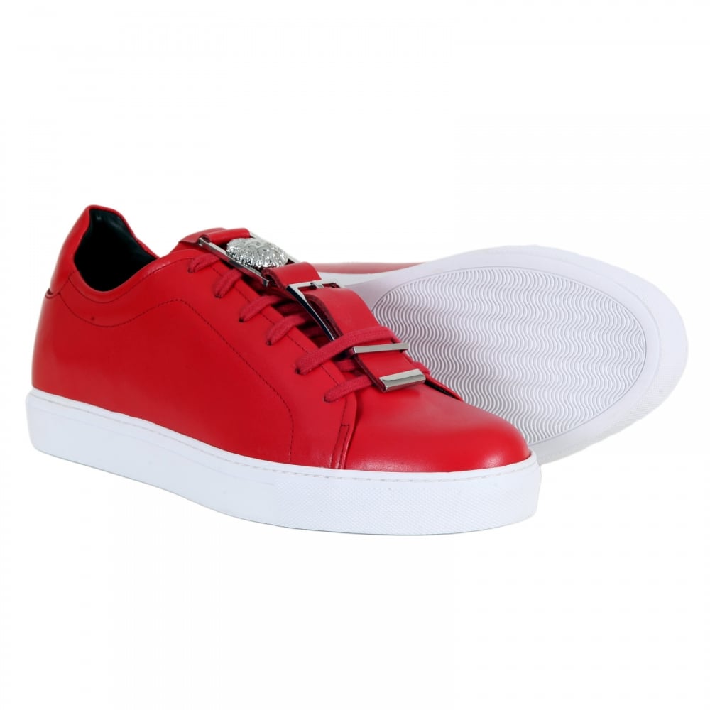 Mens Red Leather Sneakers with a Lion Head Featured Leather and Silver Buckle