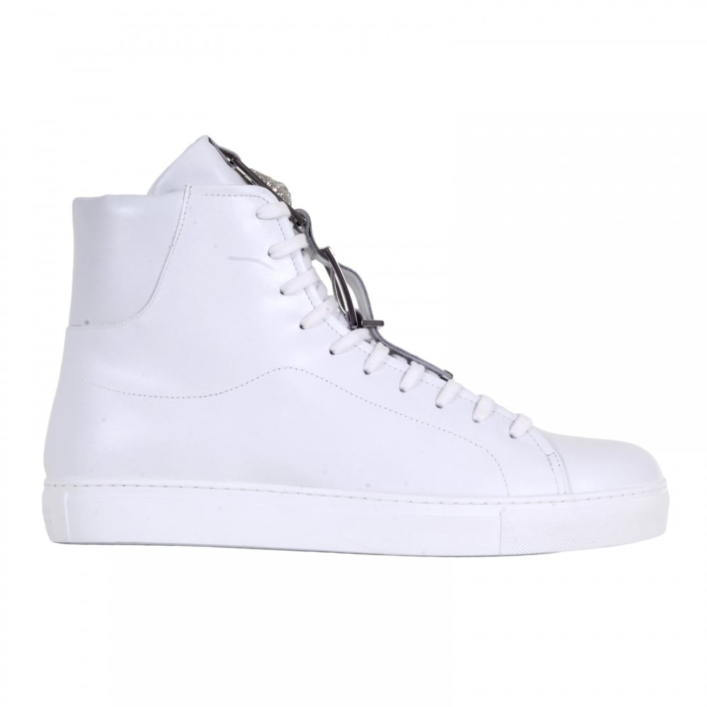White High Top Leather Trainers with Lion Head Logo Buckle