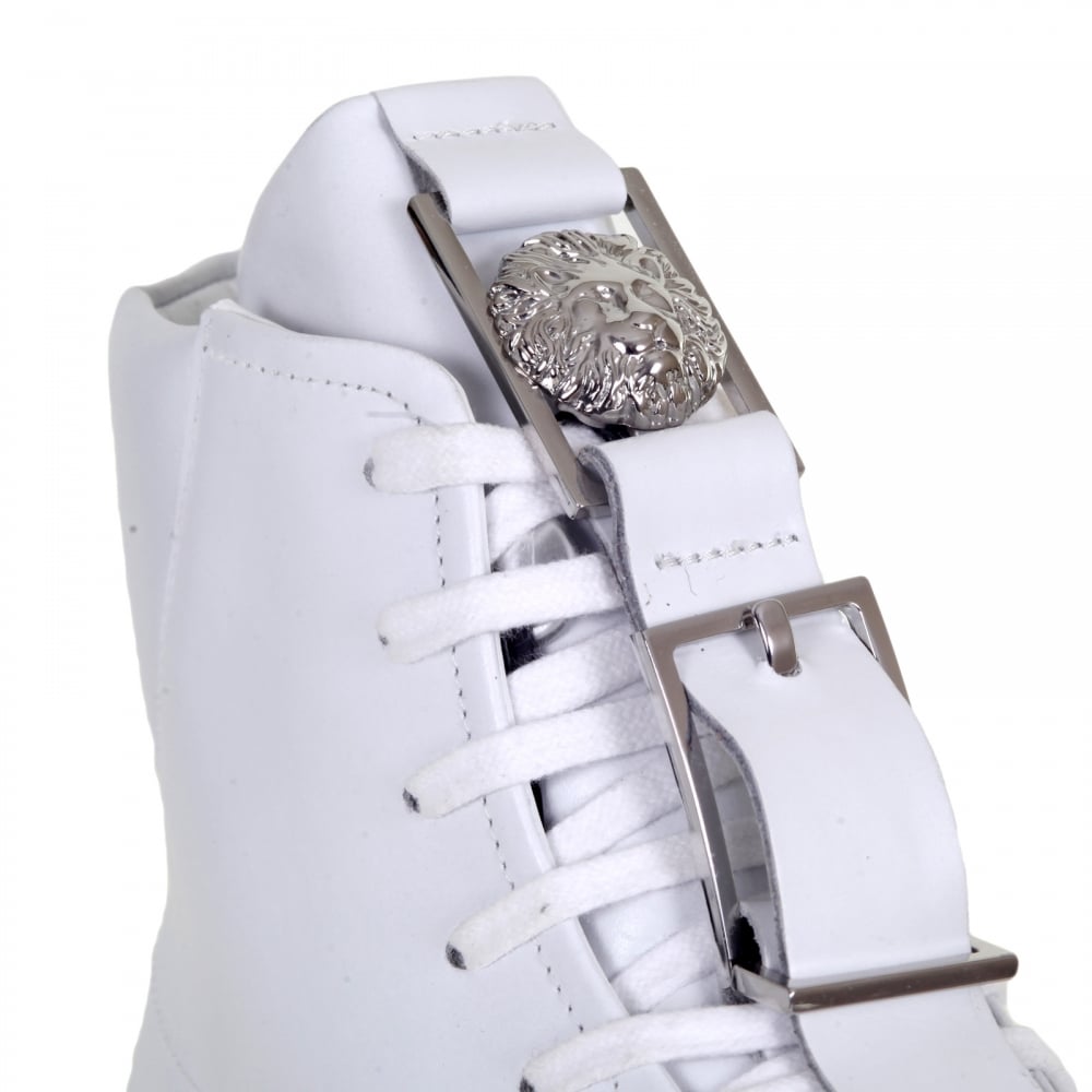 White High Top Leather Trainers with Lion Head Logo Buckle