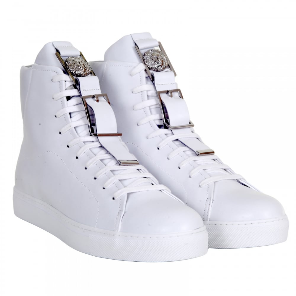 White High Top Leather Trainers with Lion Head Logo Buckle