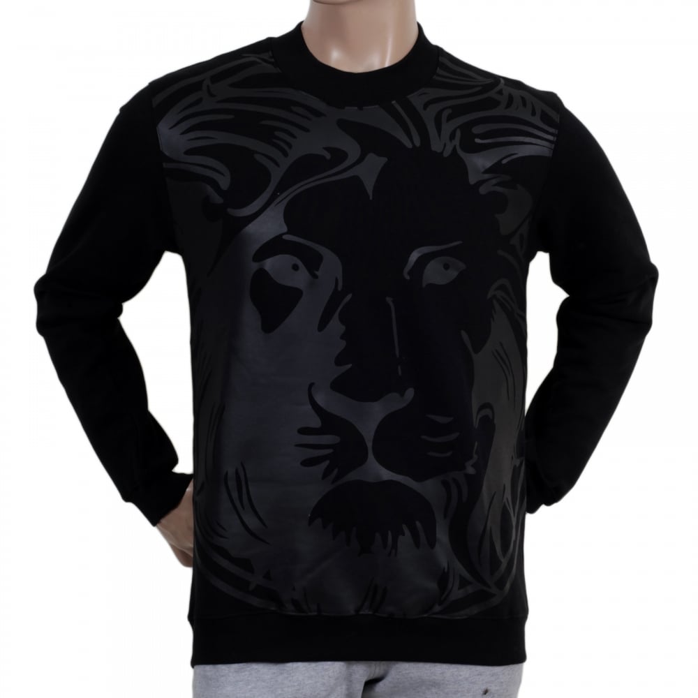Mens Regular Fit Lion Head Printed Sweatshirt in Black with Ribbed Crewneck Sleeve Cuffs and Waistband