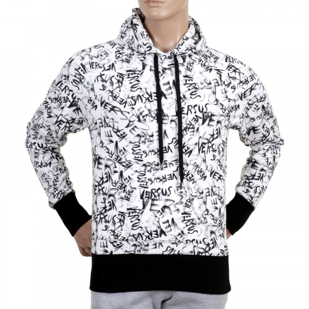 White Graffiti Printed Hooded Sweatshirt with Black Ribbed Waistband and Sleeve Cuffs