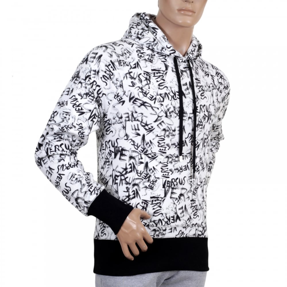 White Graffiti Printed Hooded Sweatshirt with Black Ribbed Waistband and Sleeve Cuffs