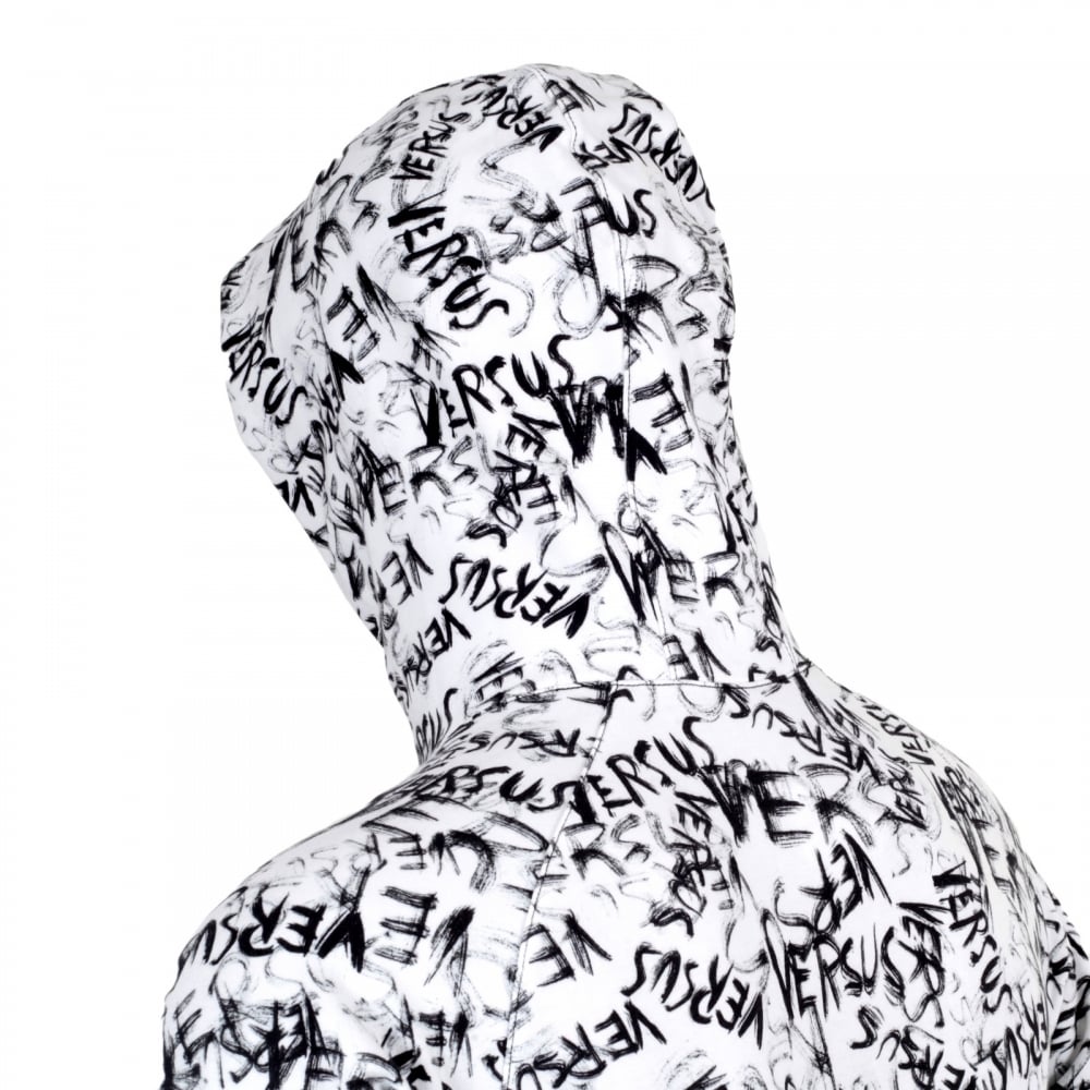 White Graffiti Printed Hooded Sweatshirt with Black Ribbed Waistband and Sleeve Cuffs