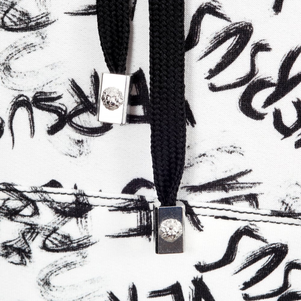 White Graffiti Printed Hooded Sweatshirt with Black Ribbed Waistband and Sleeve Cuffs
