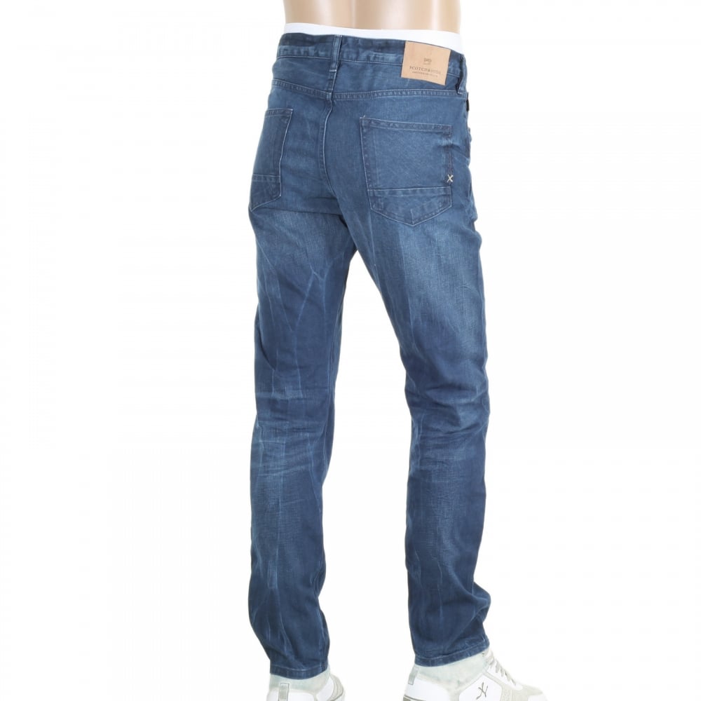 Mens Ralston Blue Denim Regular Slim Fit Jeans with AMS Blauw Flip Coin Stitching