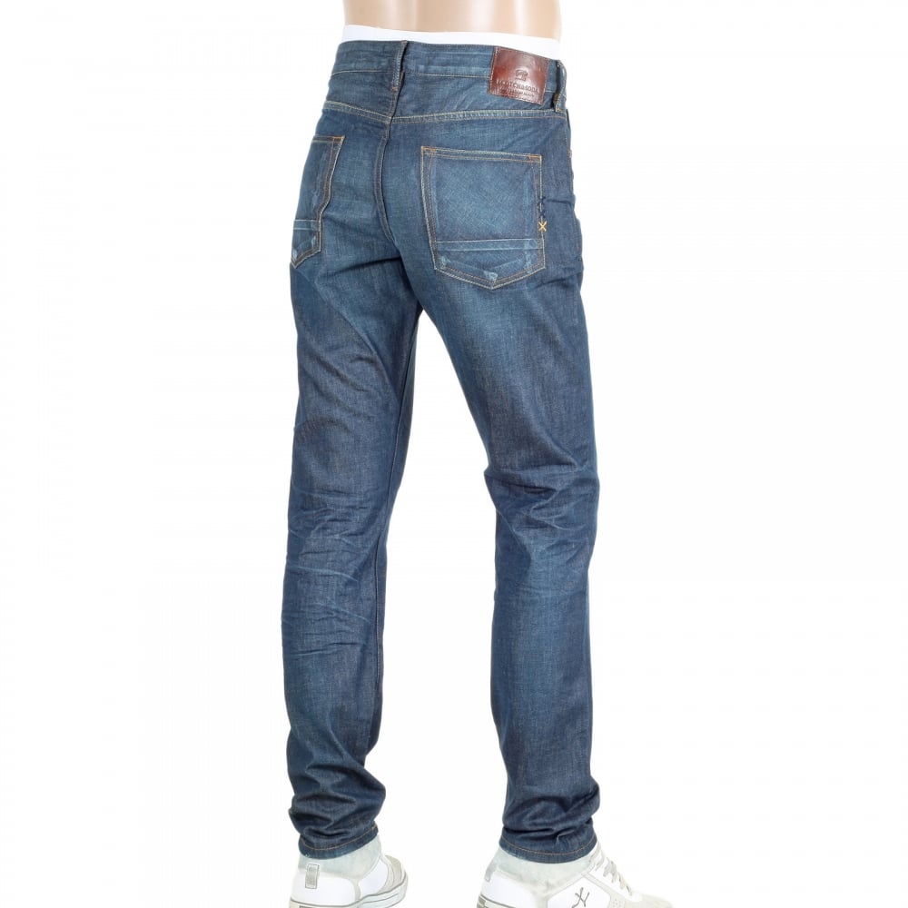 Regular Slim Fit Washed Blue Ralston Denim Jeans with Frayed Worn Patches