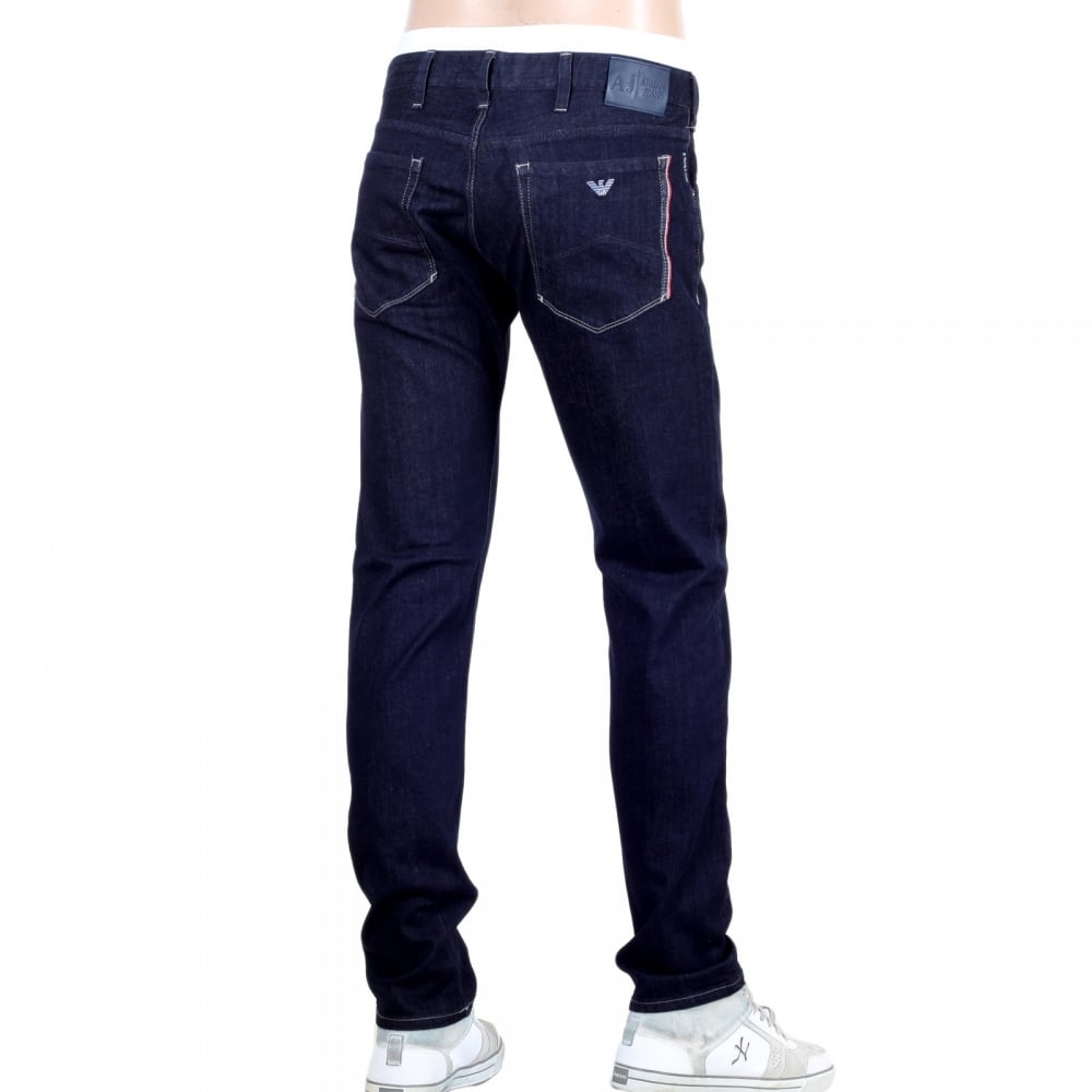 Mens Slim Fit Dark Indigo Wash J23 Stretch Denim Jeans with Red Selvedge Trim Back Pocket