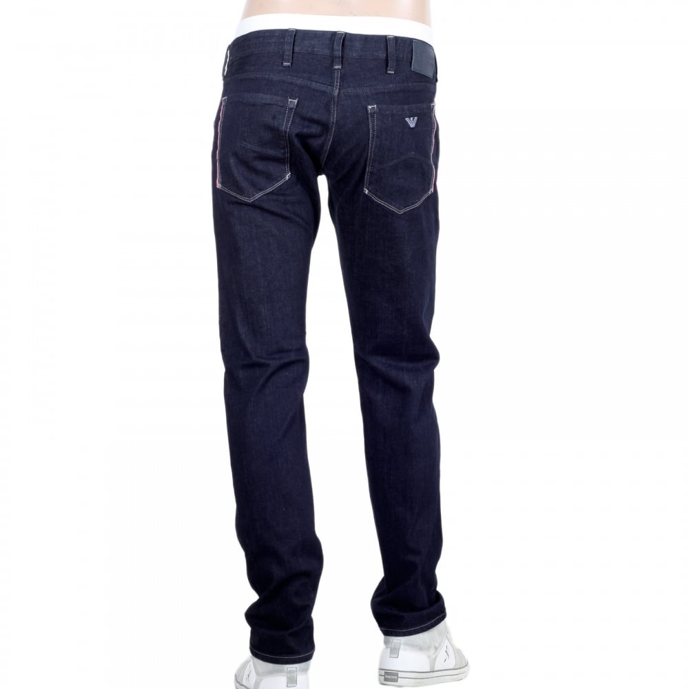 Mens Slim Fit Dark Indigo Wash J23 Stretch Denim Jeans with Red Selvedge Trim Back Pocket