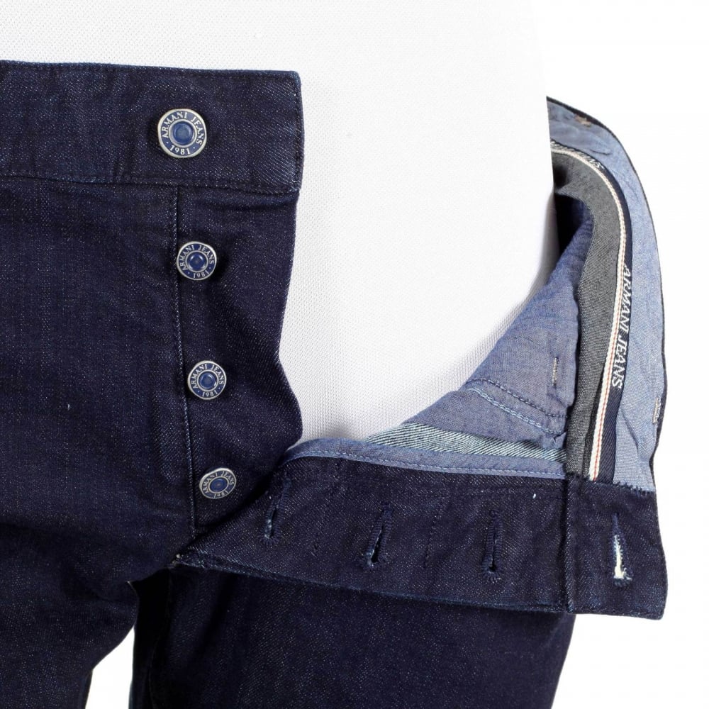 Mens Slim Fit Dark Indigo Wash J23 Stretch Denim Jeans with Red Selvedge Trim Back Pocket