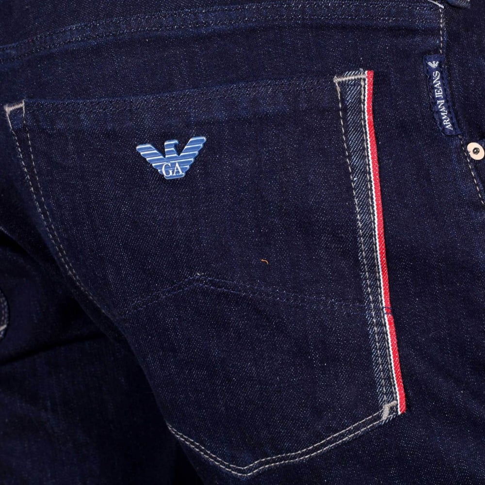 Mens Slim Fit Dark Indigo Wash J23 Stretch Denim Jeans with Red Selvedge Trim Back Pocket