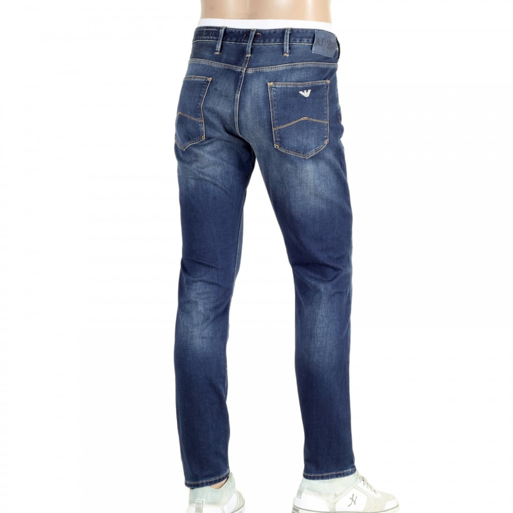 Mens Washed J06 Slim Fit Low Waist Tight Leg Blue Denim Jeans with Fading on Front and Back