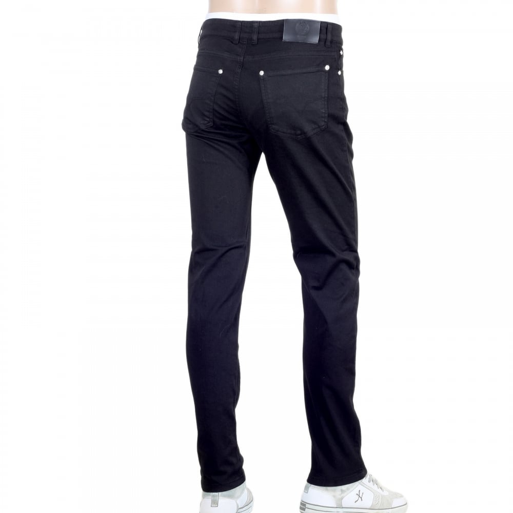 Mens Black Slim Fit Low Waist Stretch Denim Jeans with Silver Lion Head Studs