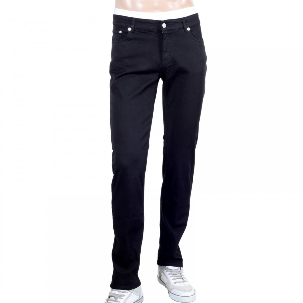 Mens Black Slim Fit Low Waist Stretch Denim Jeans with Silver Lion Head Studs