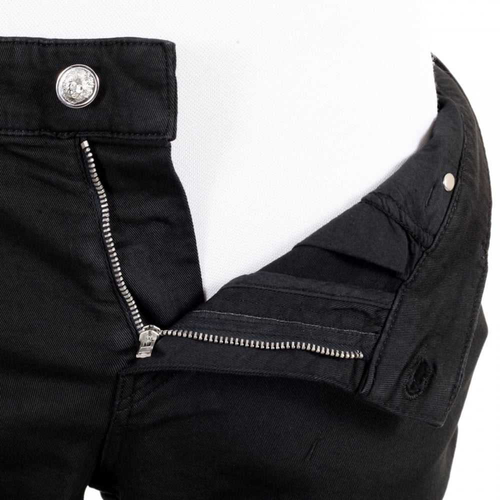 Mens Black Slim Fit Low Waist Stretch Denim Jeans with Silver Lion Head Studs
