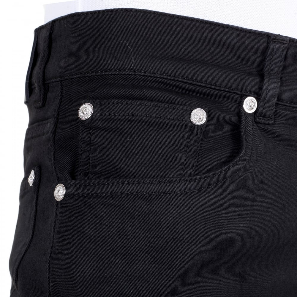 Mens Black Slim Fit Low Waist Stretch Denim Jeans with Silver Lion Head Studs