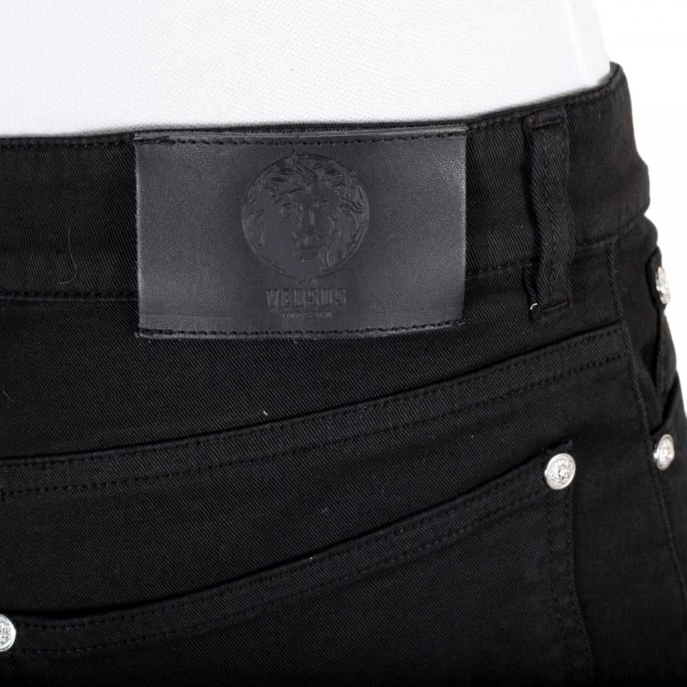 Mens Black Slim Fit Low Waist Stretch Denim Jeans with Silver Lion Head Studs
