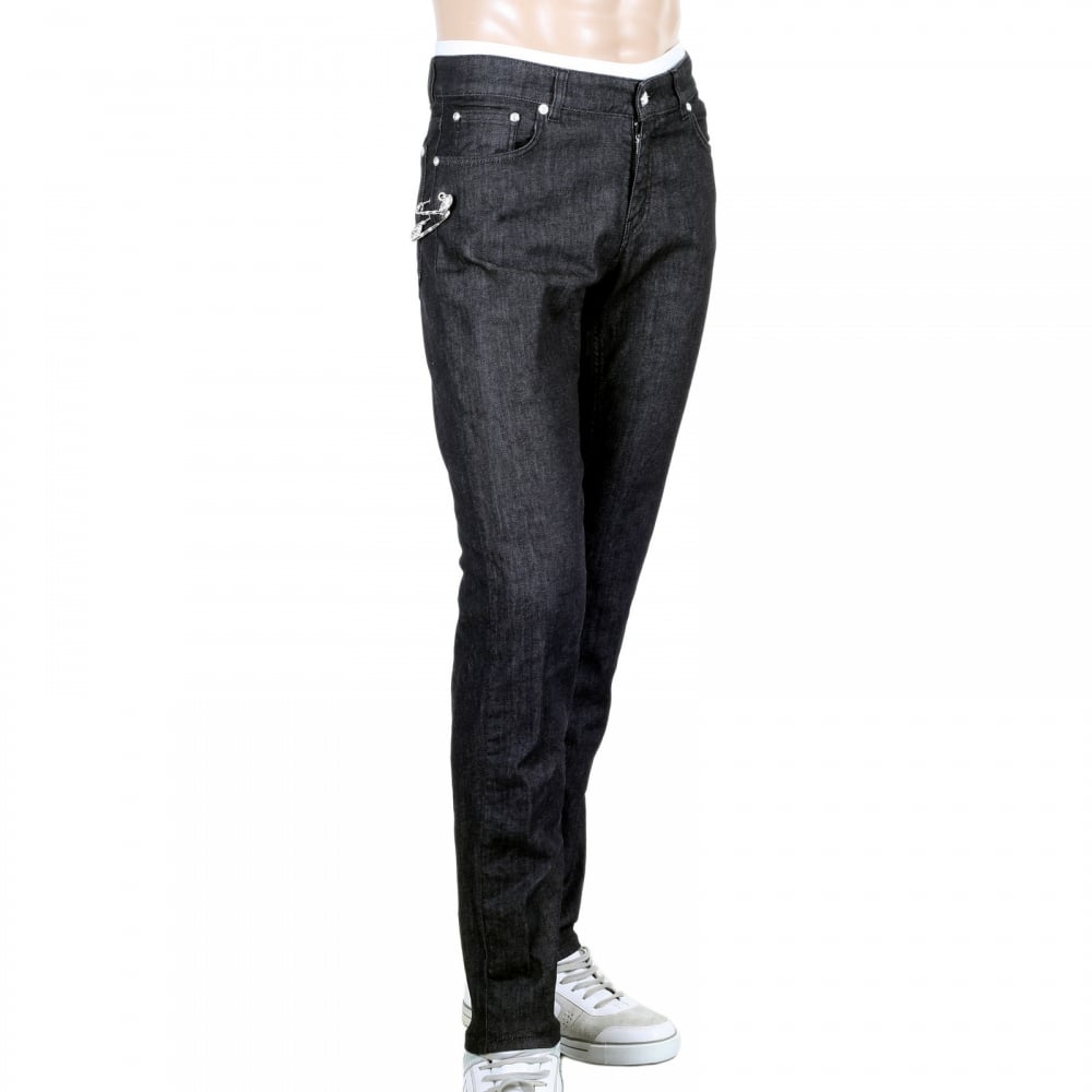 Black Slim Fit Low Waist Stretch Jeans with Silver Lion Head Studs and Removable Lion Head Safety Pins