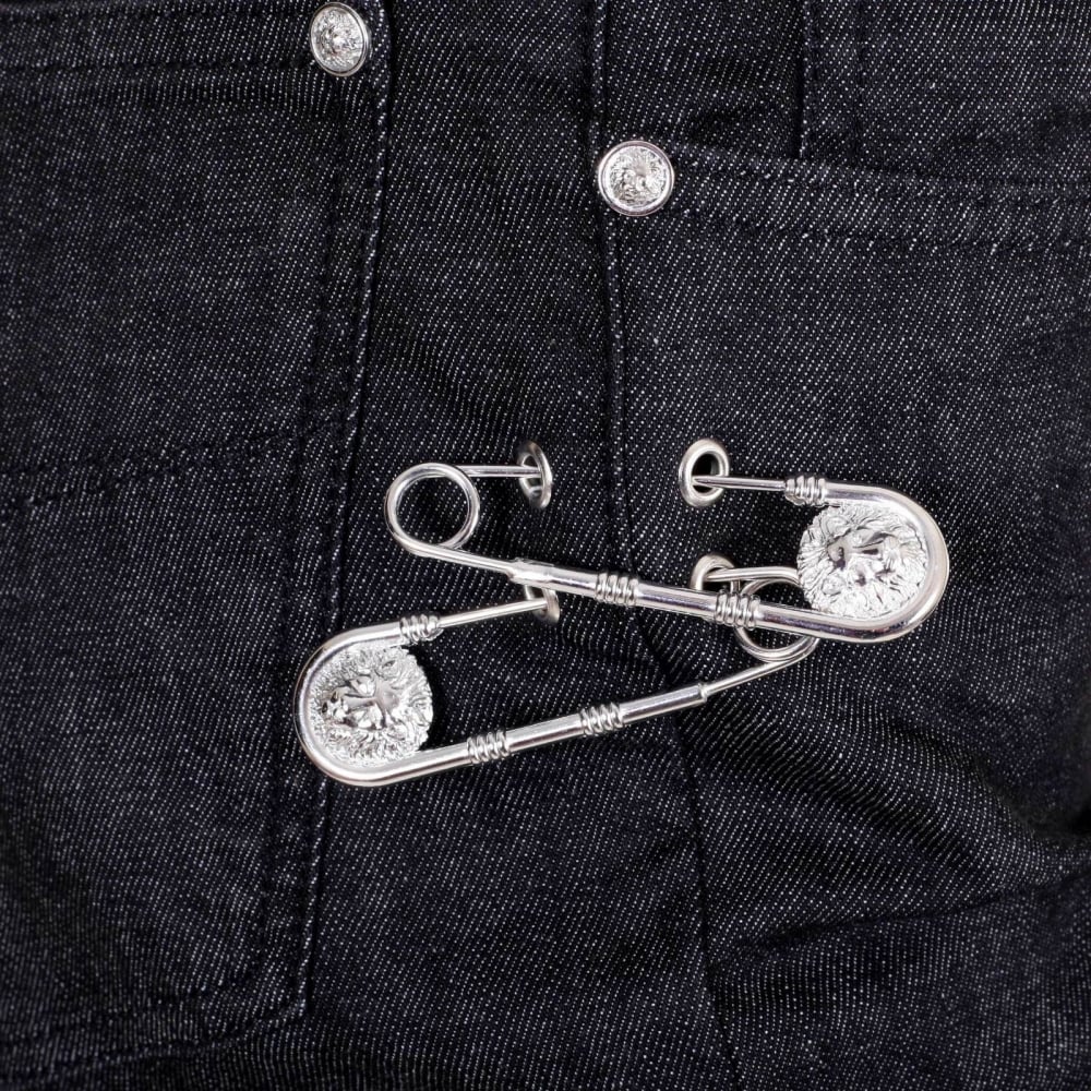 Black Slim Fit Low Waist Stretch Jeans with Silver Lion Head Studs and Removable Lion Head Safety Pins