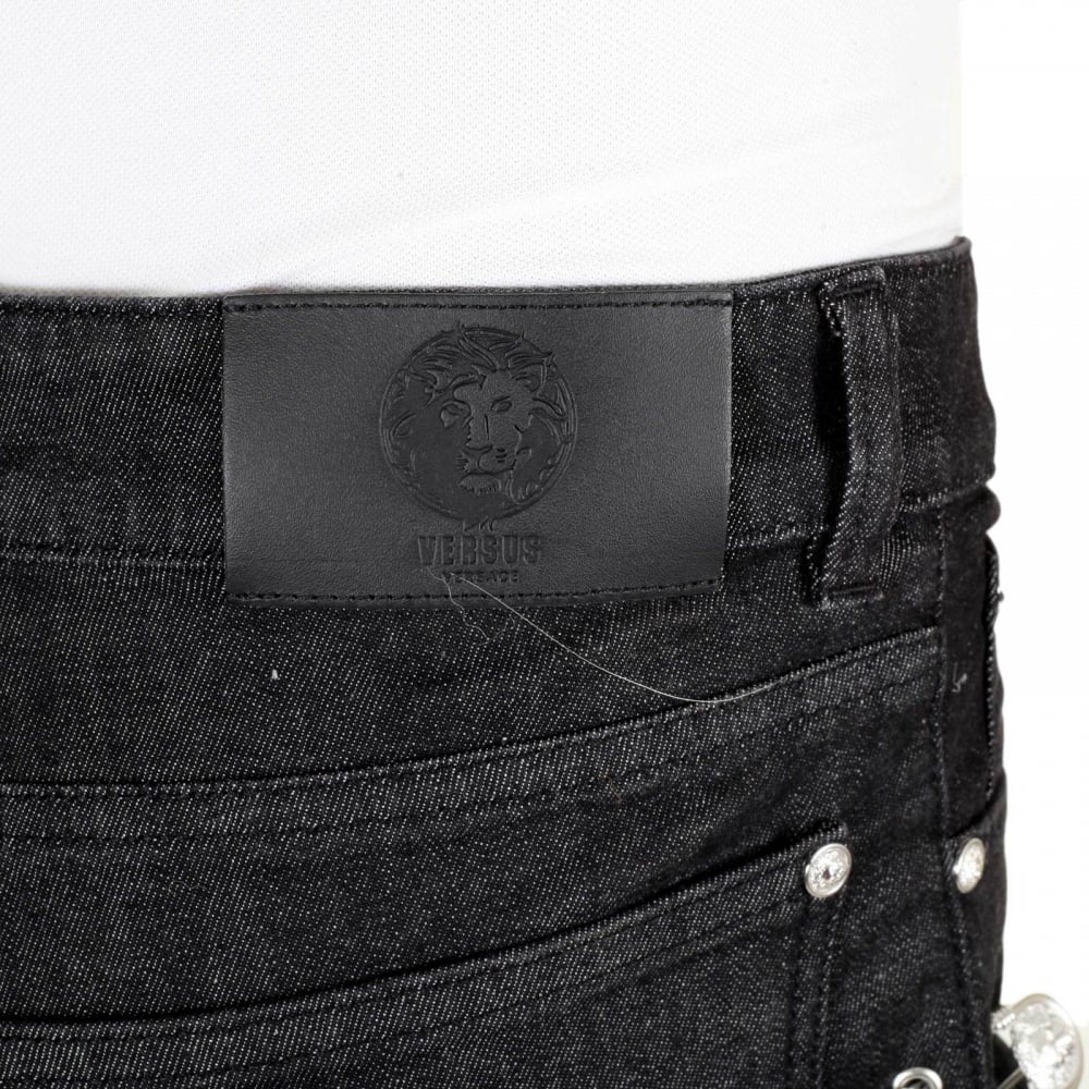 Black Slim Fit Low Waist Stretch Jeans with Silver Lion Head Studs and Removable Lion Head Safety Pins