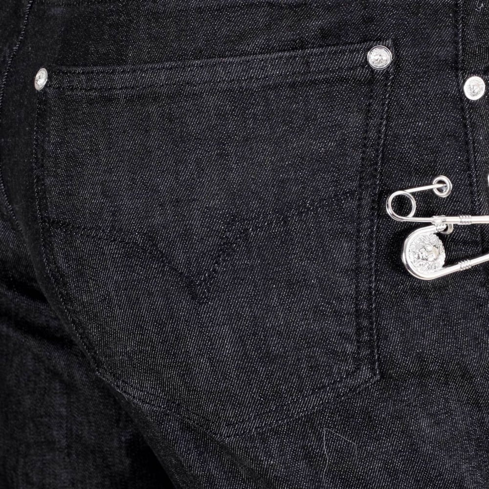 Black Slim Fit Low Waist Stretch Jeans with Silver Lion Head Studs and Removable Lion Head Safety Pins