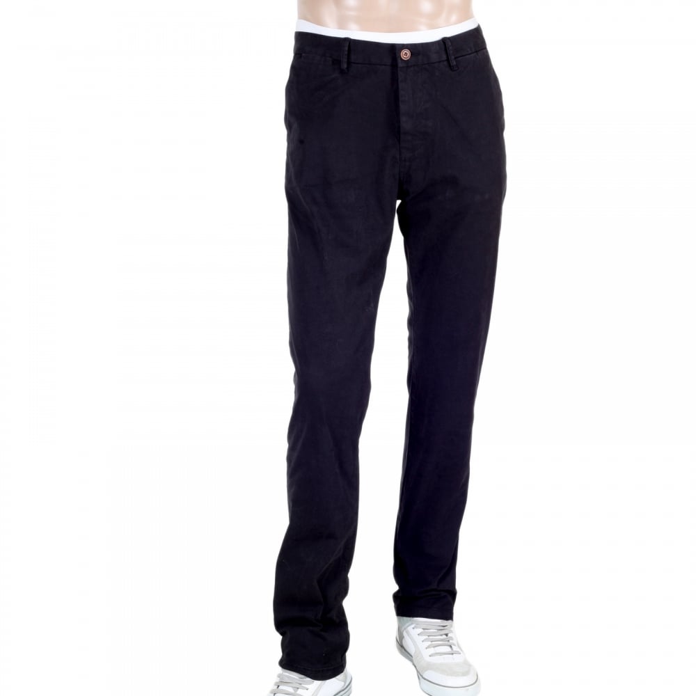 Mens Black Stuart Stretch Cotton Slim Fit Chinos with Zip Fly