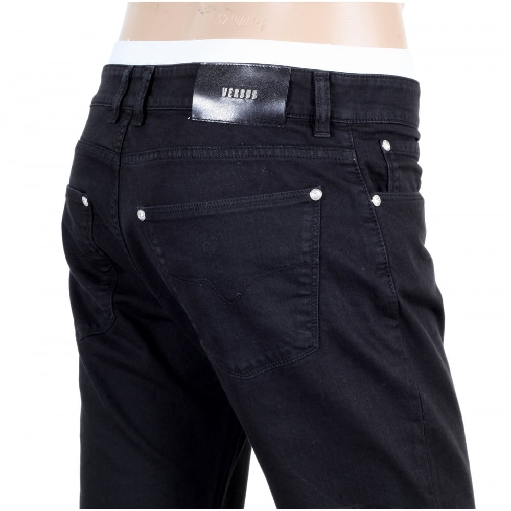 Mens Black Stretch Slimmer Fit Jeans with Silver Lion Head Rivets