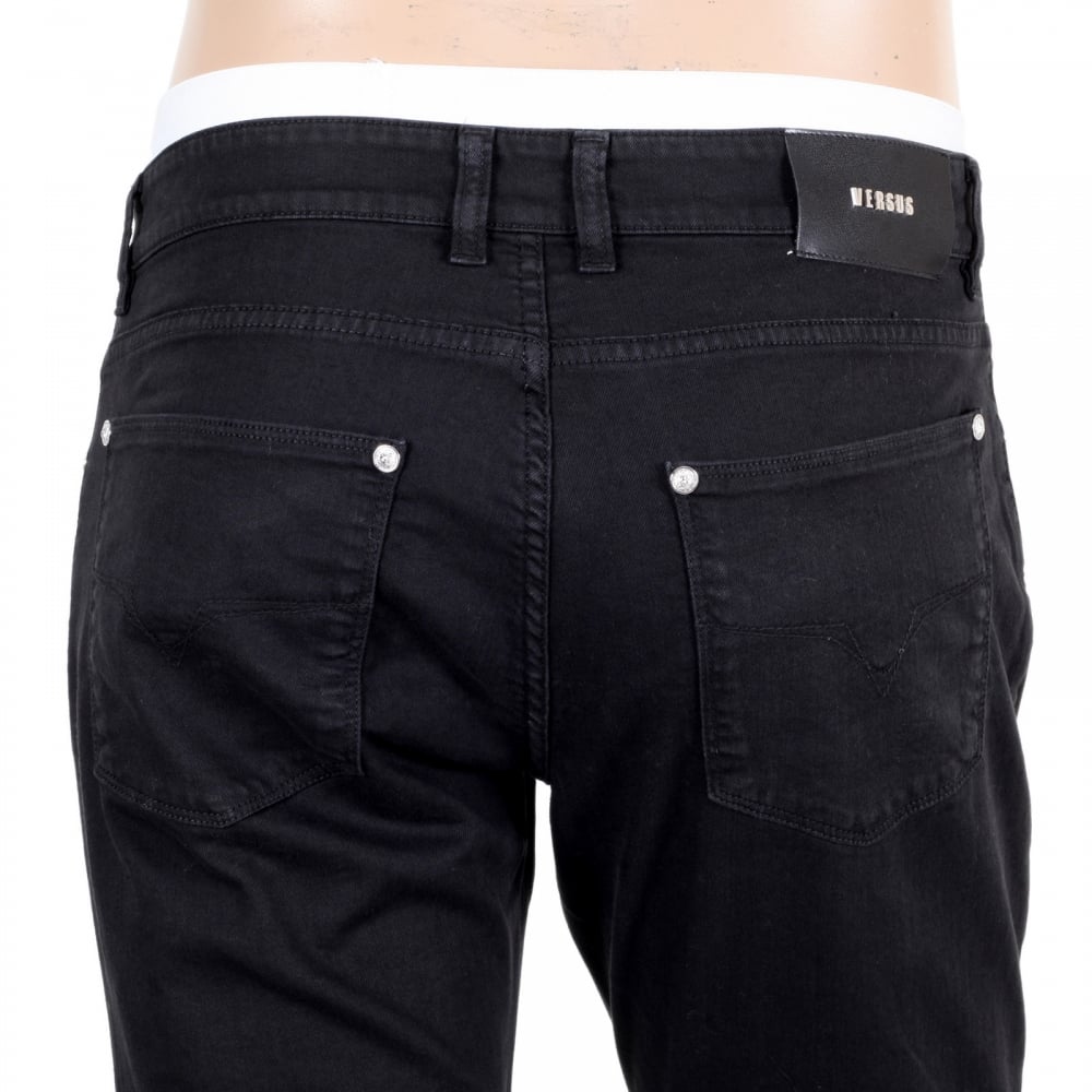 Mens Black Stretch Slimmer Fit Jeans with Silver Lion Head Rivets