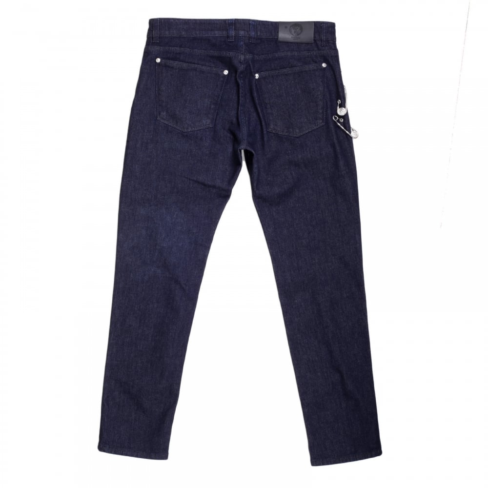 Dark Indigo Blue Slim Fit Low Waist Jeans with Lion Head Adorned Removable Safety Pins