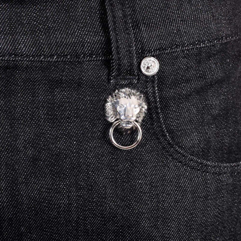 Washed Black Stretch Slim Fit Jeans with Silver Lion Head Rivets and Key Ring