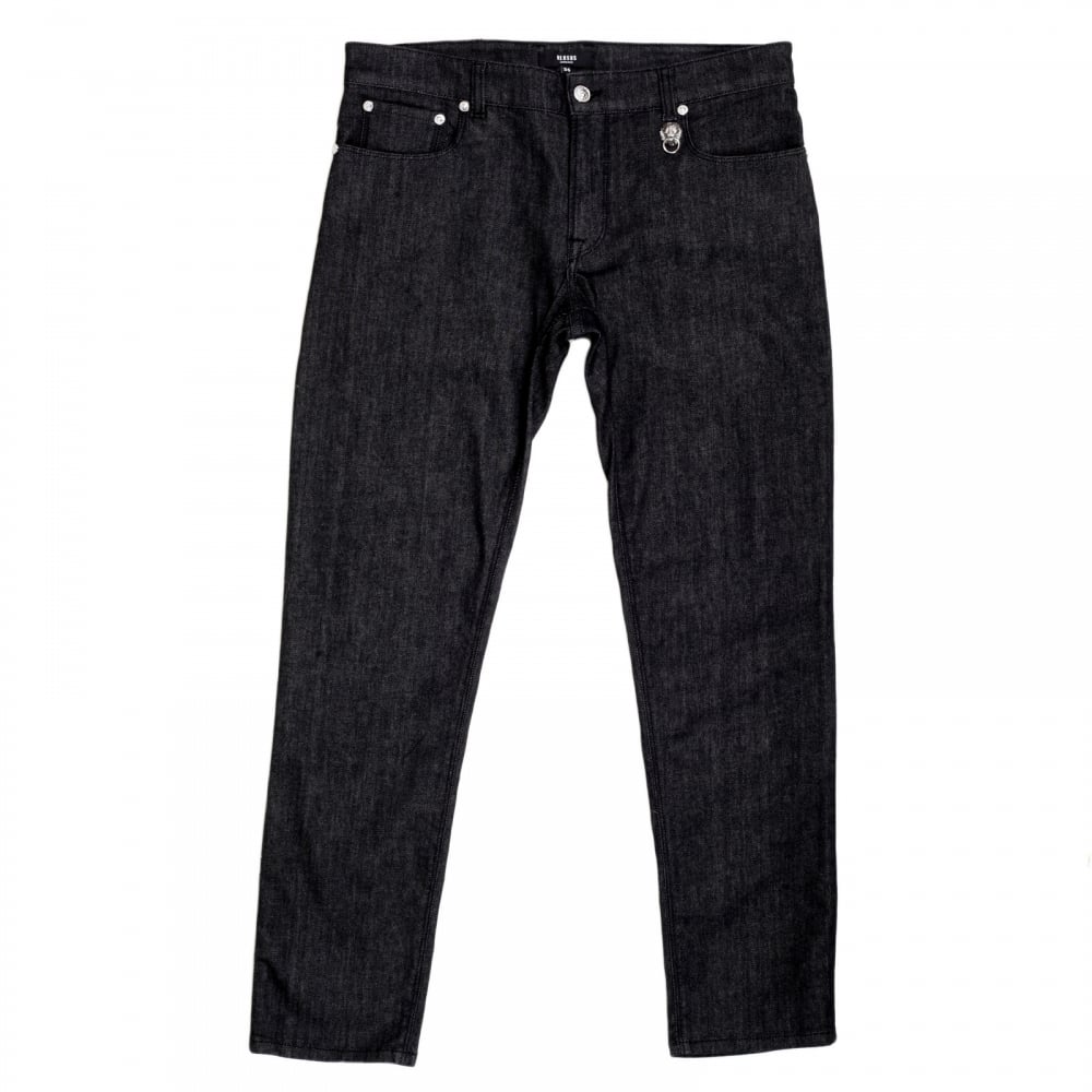 Washed Black Stretch Slim Fit Jeans with Silver Lion Head Rivets and Key Ring