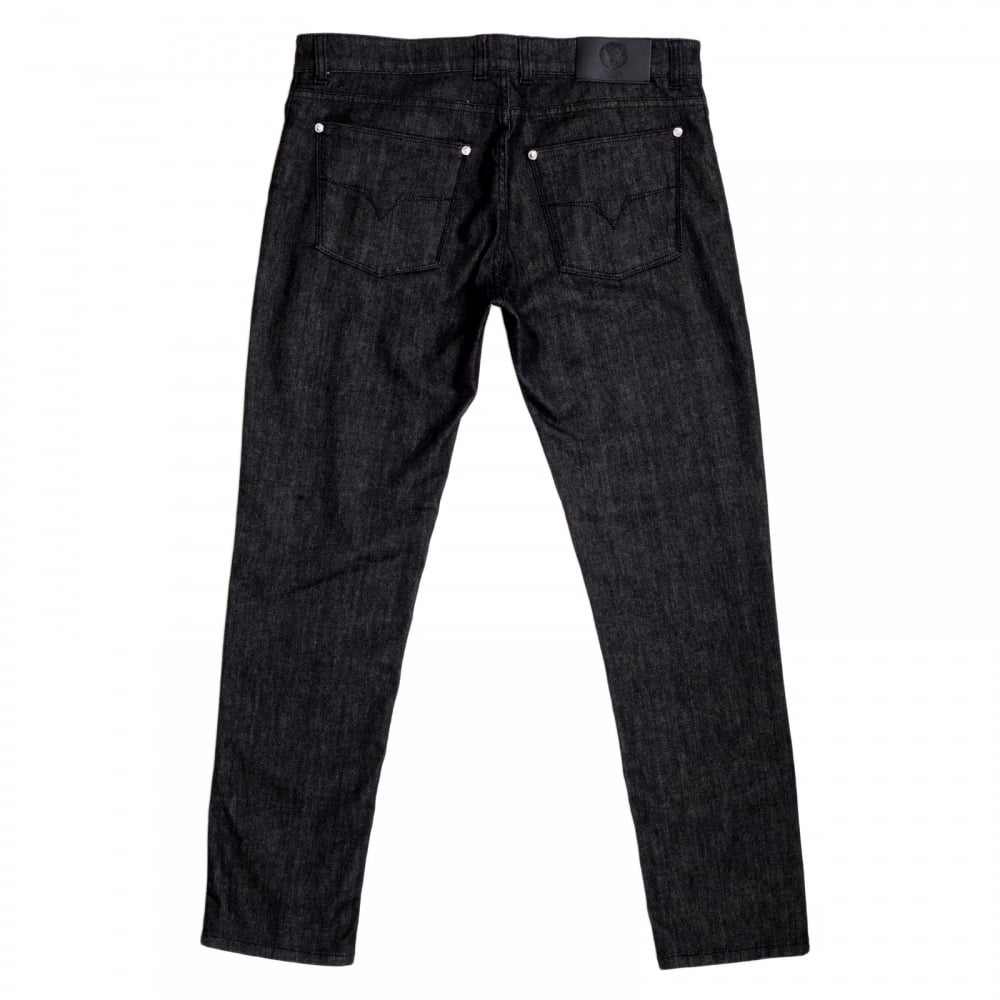 Washed Black Stretch Slim Fit Jeans with Silver Lion Head Rivets and Key Ring